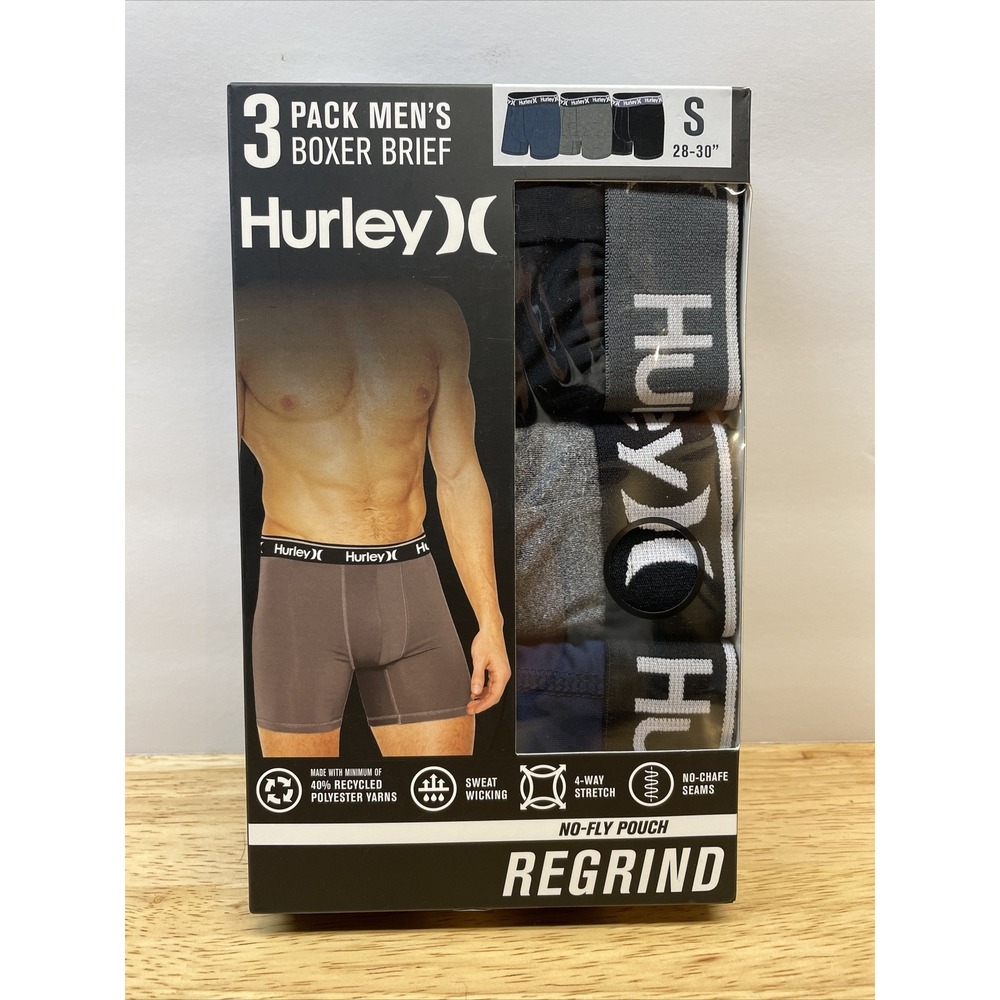 Hurley Boxer Briefs Mens Small 28-30" 3 Pack Black/blue/gray